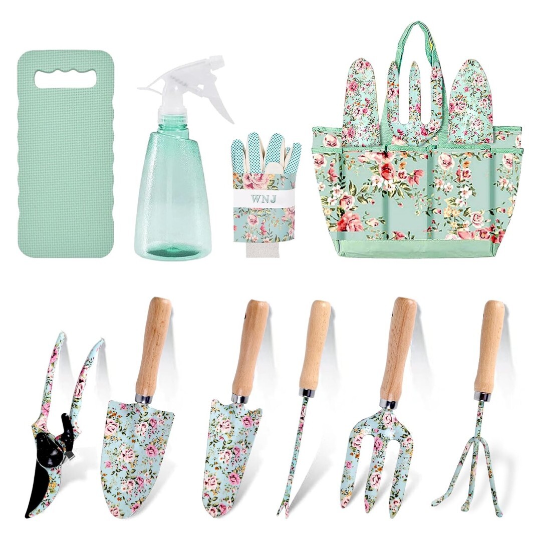 10-piece Floral Garden Tools Set With Tote Bag, Heavy Duty Gardening Kit With Pruning Shears, Trowels, Rake, Sprayer, Kneeling Pad & Gloves