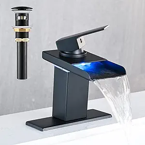 Bathroom Sink Faucet With Light, Waterfall Single Hole Handle Bath Faucet, Matte Black