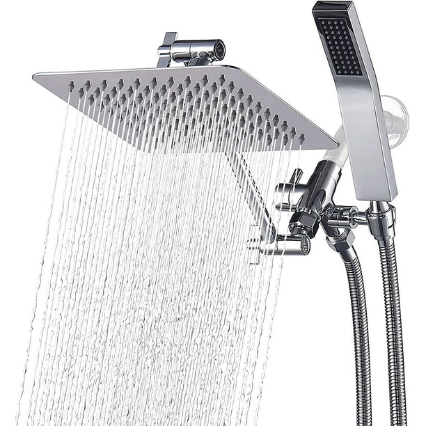 All Metal Dual Square Shower Head Combo 8" Rain Shower Head Handheld Shower Wand With Extra Long Flexible Hose Smooth