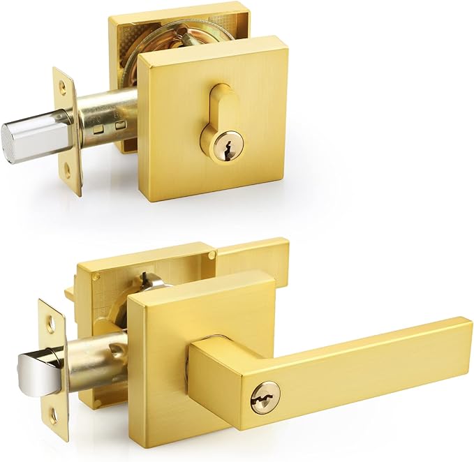 Door Handle With Single Cylinder Deadbolt, Satin Brass Deadbolt, Reversible Deadbolt Lock Set Bedroom Door Lock Hotel Bathroom Access