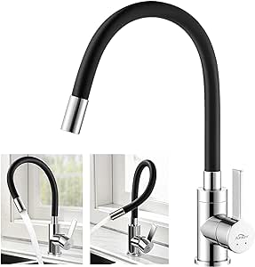Robinet D'Évier Monotrou Flexible En Laiton Chromé Et Noir, Avec Bec Haut Et Flexible, Pour Eau Chaude Et Froide.