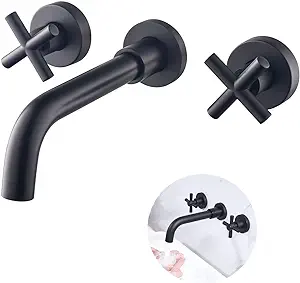 Matte Black Wall Mount Bathroom Sink Faucet 2 Cross Handles 360° Swivel Basin Faucet Hot And Cold Concealed Faucet Copper Black