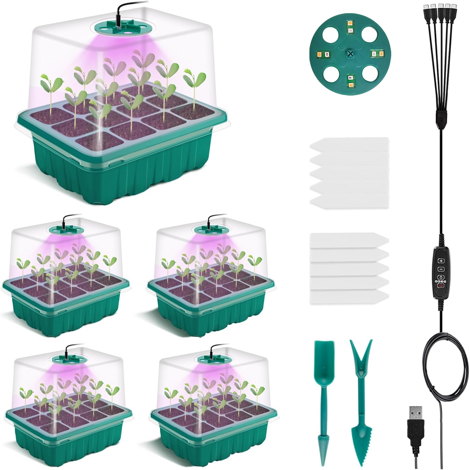 Lot De 5 Mini Serres Programmées - Luminosité Réglable - Avec Contrôleur De Minuterie - Serre D'Intérieur Avec Couvercle Et Ventilation - 10 Étiquettes, 2 Outils