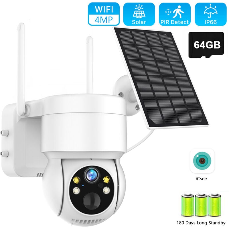 Caméra De Surveillance Extérieure Solaire Wifi Ptz 1080p Détection Pir Humaine Avec Batterie Rechargeable 7800mah Avec Carte Sd 64g