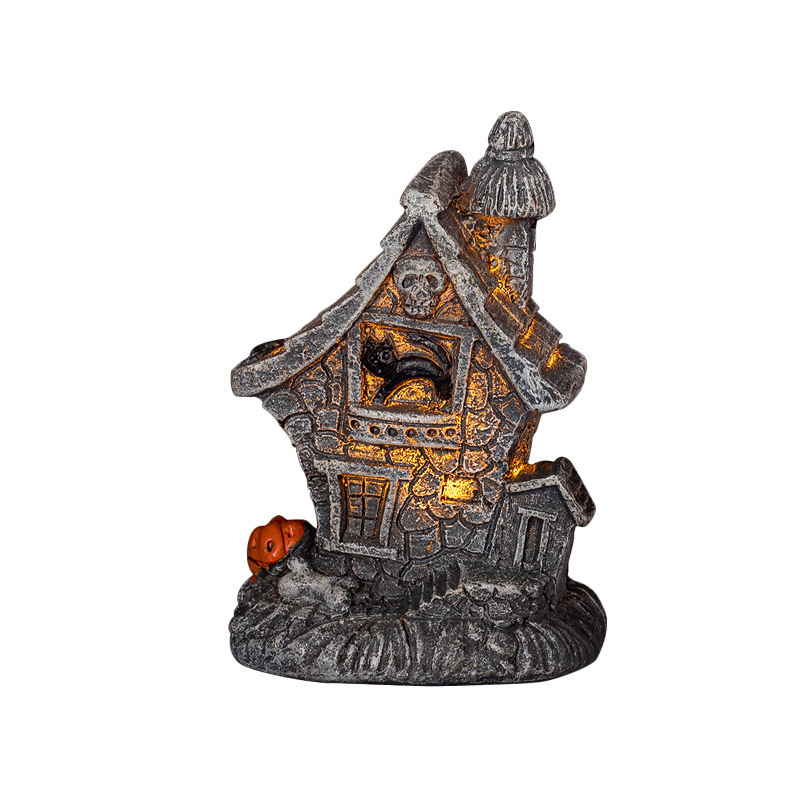 Lot De 3 Décorations D'Halloween : Maison Hantée Avec Led, Ornement De Bureau, Mausolée Fantomatique, Mini Maison Hantée, Figurine De Village Effrayant, Statue De Citrouille Lumineuse