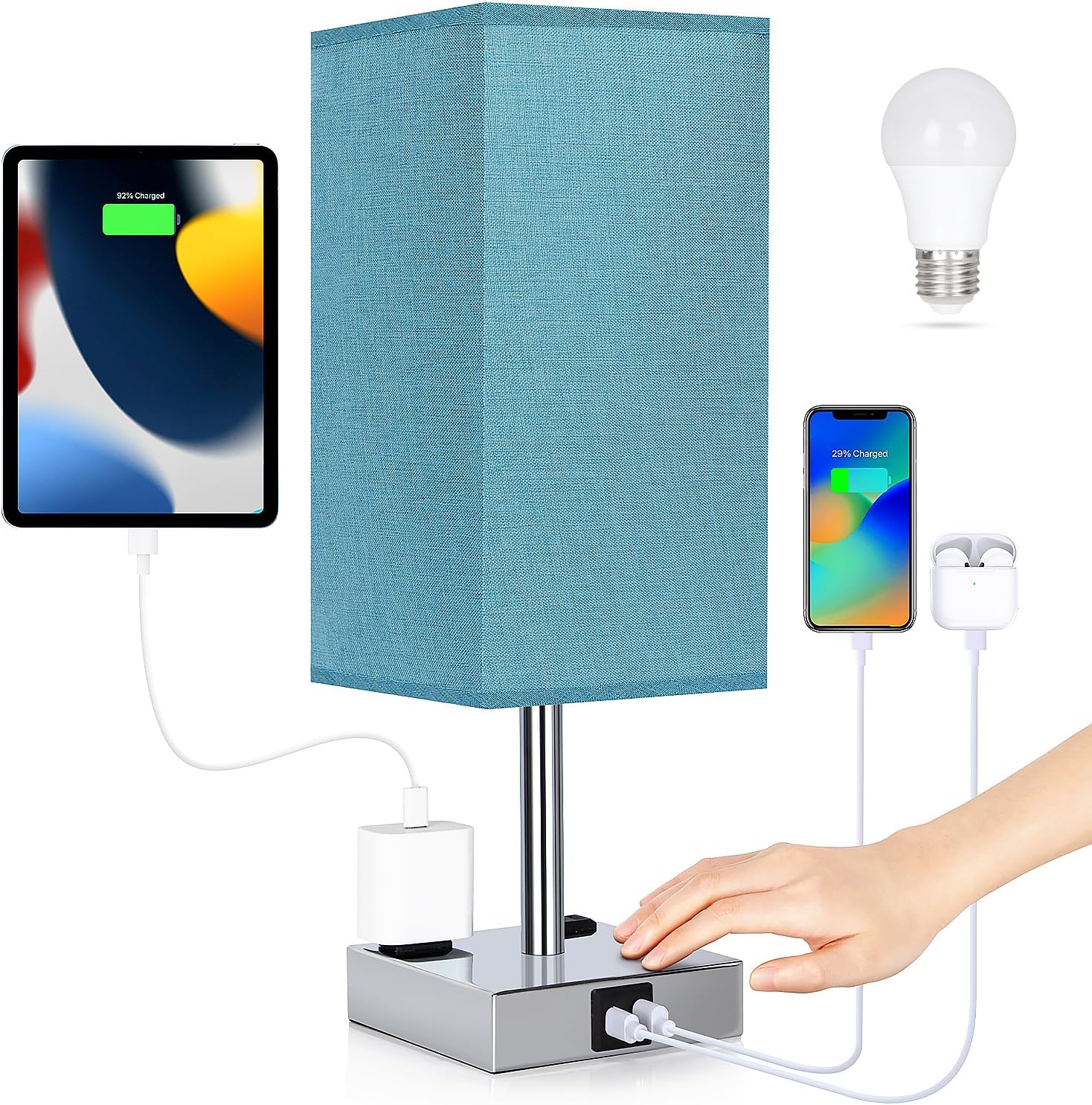 Lampe De Chevet Avec Ports Usb - Lampe De Table Tactile Pour Chambre À Coucher Avec Ports De Chargement Usb C+a Et Prises Secteur, Lampe De Nuit À Intensité Variable À 3 Niveaux Avec Abat-jour En Lin