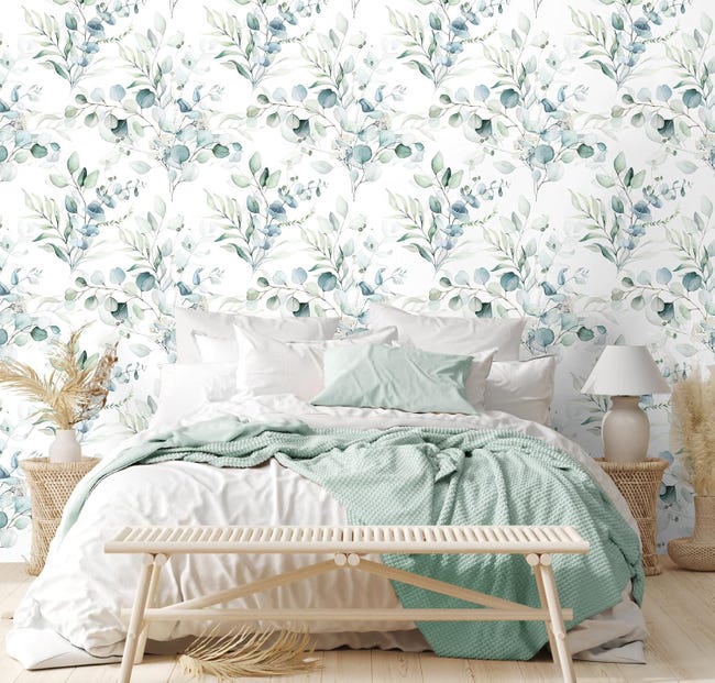 Papier Peint Floral À Motif Feuilles D'Eucalyptus Vert/blanc Style Bohème, Décoration Pour Chambre D'Enfant, 44 X 60 Cm