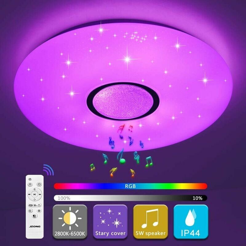 Led Ceiling Light With Bluetooth Speaker And Remote Control 36w, Dimmable, 2800-6500k, Waterproof Ip44 (without App Control)