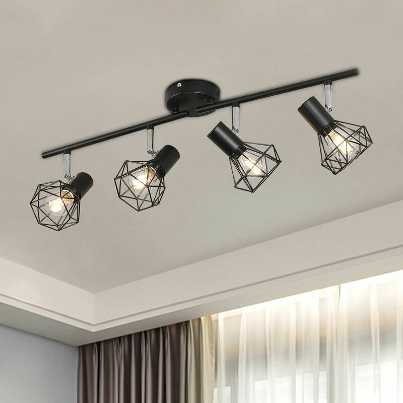 Led Ceiling Light 4 Swivel Adjustable Spotlights Industrial Retro Black Metal Cage Ceiling Light, Ceiling Spotlights Suspension Luminaire Led Spotlight For Kitchen Hallway Living Room Bedroom