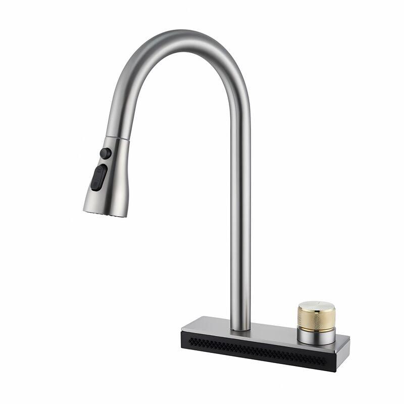 Grifo De Cocina Avec Pulvérisateur Extensible, Mezclador De Cocina Avec Sortie En Cascade, Giratorio 360°, Réglable En Frío Y Calor, Cepillado