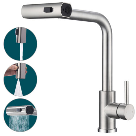 Robinet De Cuisine Douchette Extractible Robinetterie De Cuisine 3 Jets Aux Choix Mitigeur De Cuisine Avec Douchette Mitigeur D'Évier En Acier Brossé Bec 360° Rotatif