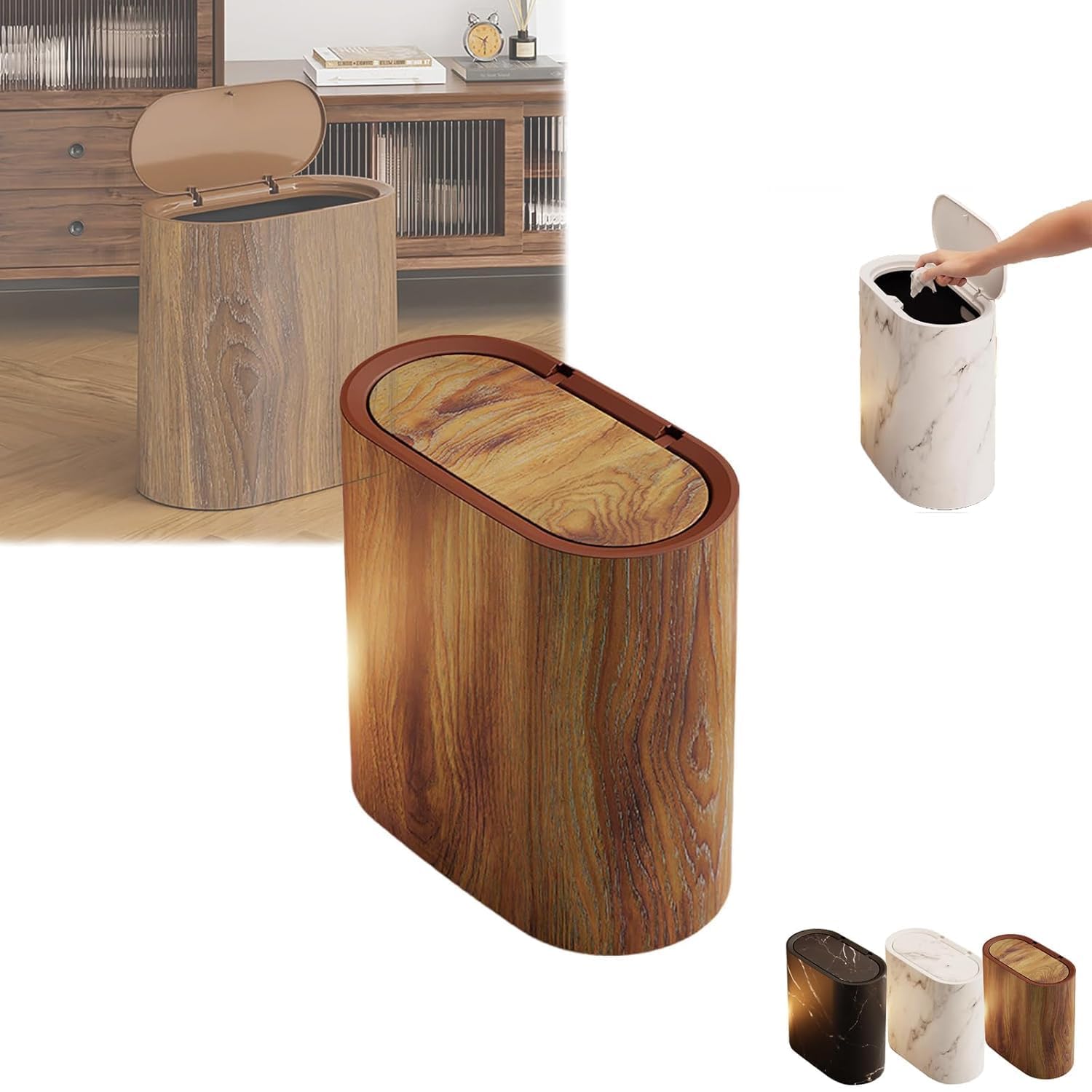 Petite Poubelle De Salle De Bain Avec Couvercles, En Plastique Marbré Et Bois, Petite Poubelle Avec Couvercle, Corbeille À Déchets Moderne Pour Cuisine, Salon, Salle De Bain, Maison, Hôtel Et Bureau