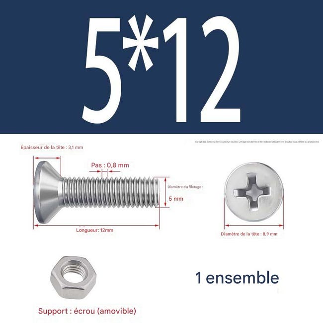 Paquet (15 Jeux) De Vis À Six Pans Creux M512 Mm, Vis À Tête Plate En Acier Inoxydable 304 Avec Écrous Hexagonaux