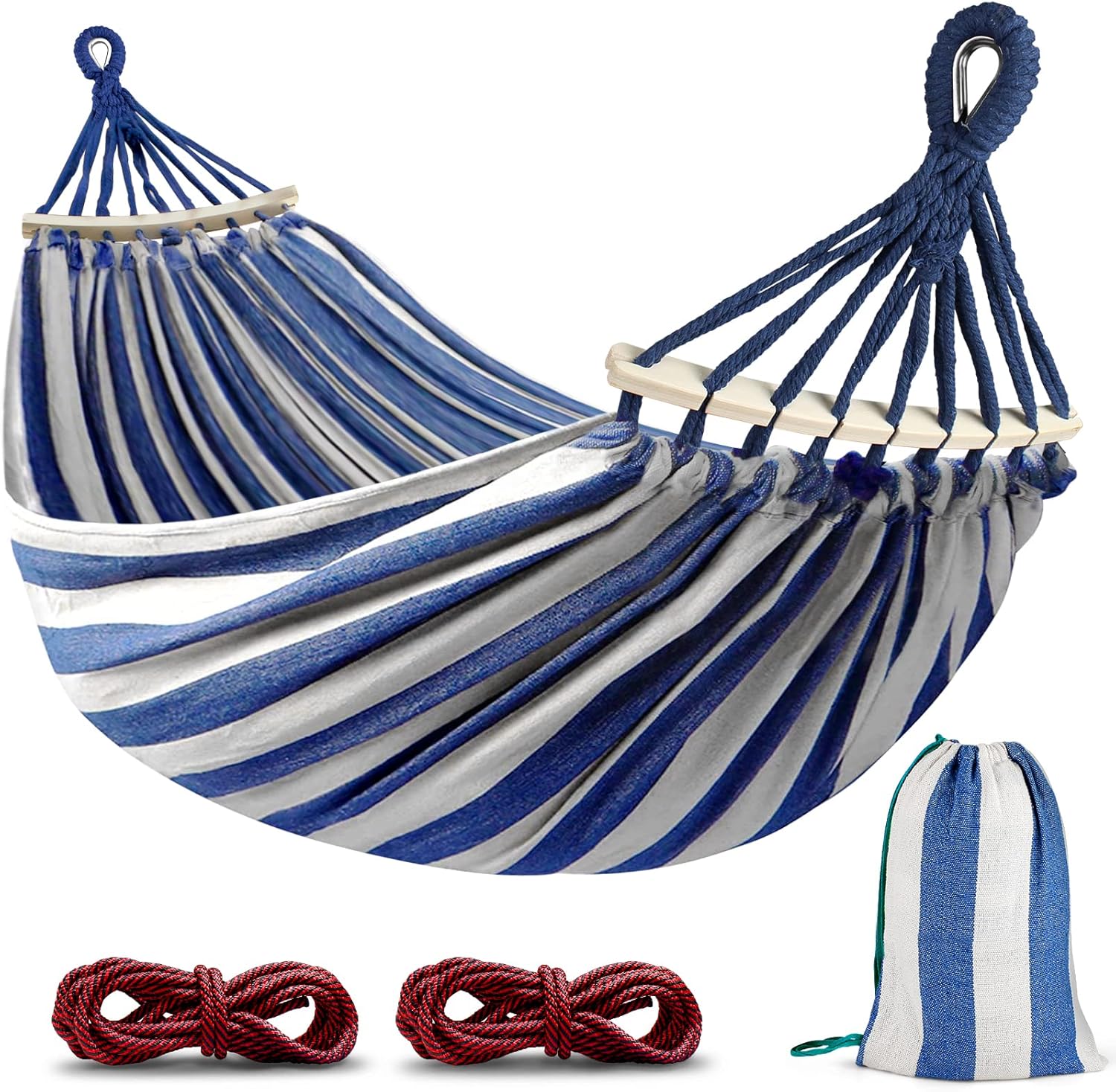 Hamac De Camping Et Jardin Confortable Avec Barre En Bois Anti-basculement Et Corde Pour Exterieur/intérieure, Terrasse, La Sieste, 260 X 150 Cm