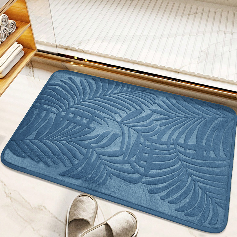 Tapis De Bain Antidérapant 40 X 60 Cm, Épais Et Absorbant, En Mousse À Mémoire De Forme, Motif Feuilles Bleu Denim