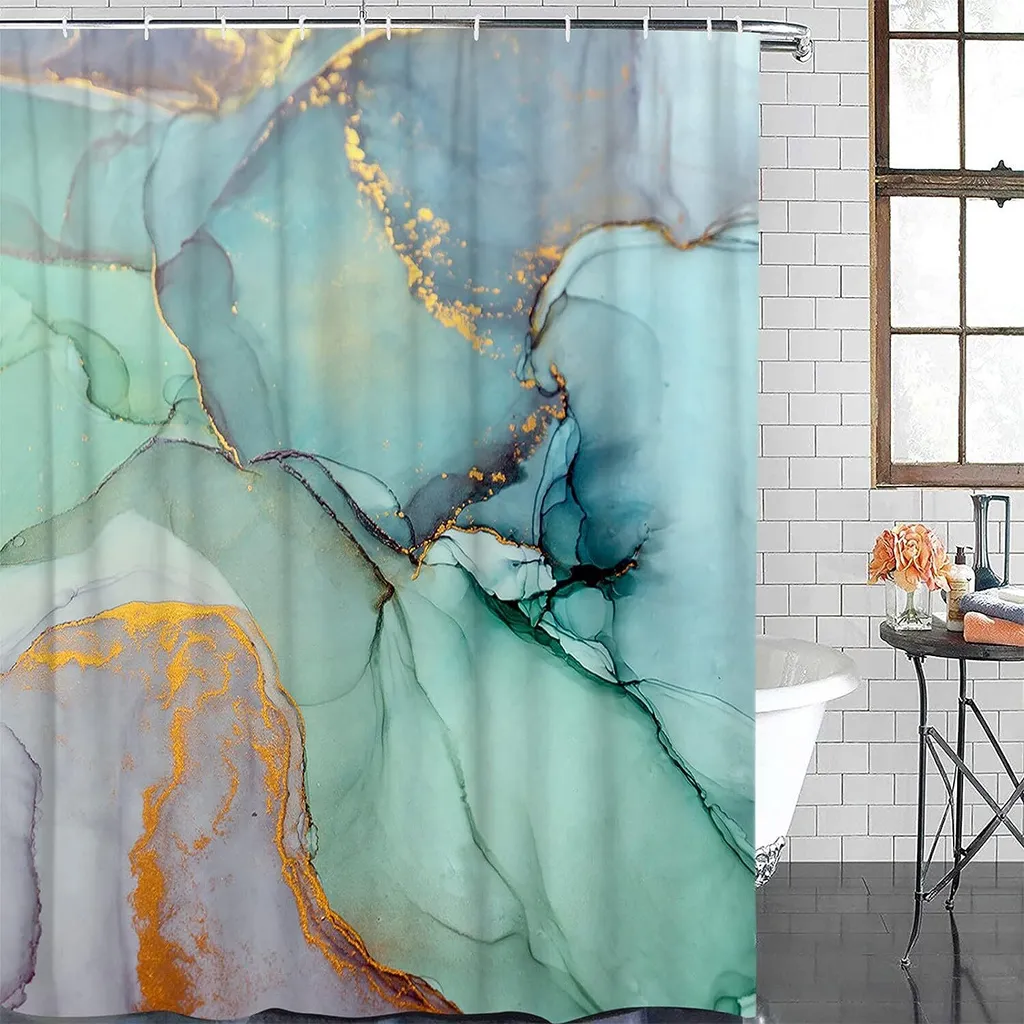Rideau De Douche Effet Marbre, Bleu-vert Et Turquoise, Rideau De Douche Géométrique Abstrait Pour Salle De Bain, Rideau De Douche En Tissu Polyester Avec 12 Crochets (180 X 200 Cm)