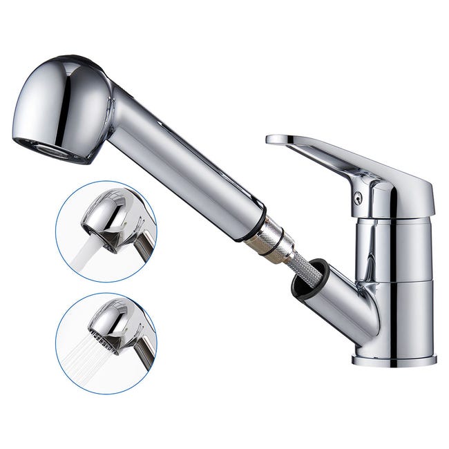 Mitigeur De Cuisine Auralum,chromé Extractible,robinet Cuisine Avec Douchette, Mitigeur Evier Bec Bas, Robinet D'Évier Rotatif 360°,eau Froide/chaude