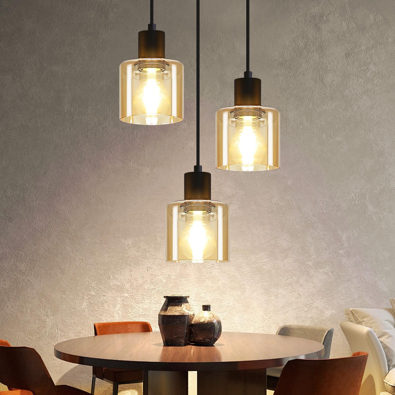 Suspension Table À Manger Vintage 3 Ampoules E27 En Verre Noire Rétro Pour Salle À Manger, Sans Ampoule
