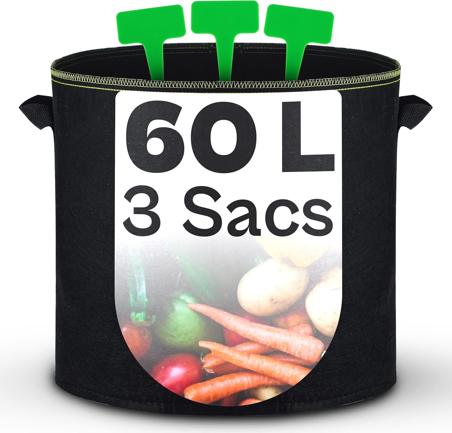 Grands Sacs De Plantation En Geotextile 60l Avec Poignées - 3 Étiquettes - Pots Pour Tomates, Poivrons, Carottes