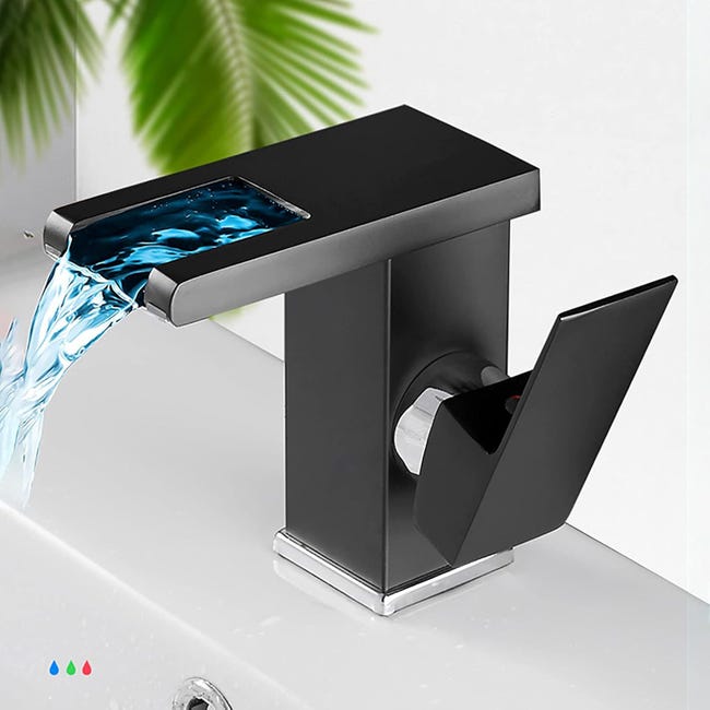 Robinet De Lavabo Avec Éclairage Led, Contrôle De La Température De L'Eau Par Changement De Couleur, Bec Cascade En Laiton - Modèle Haut Noir