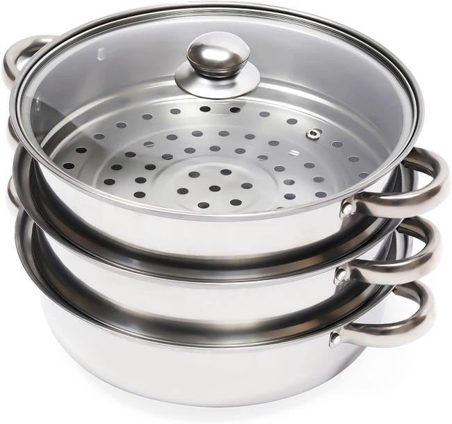 Cuit-vapeur 3 Étages En Acier Inoxydable 28 Cm - Ensemble Casserole À Légumes Avec Couvercles En Verre Pour Cuisiner