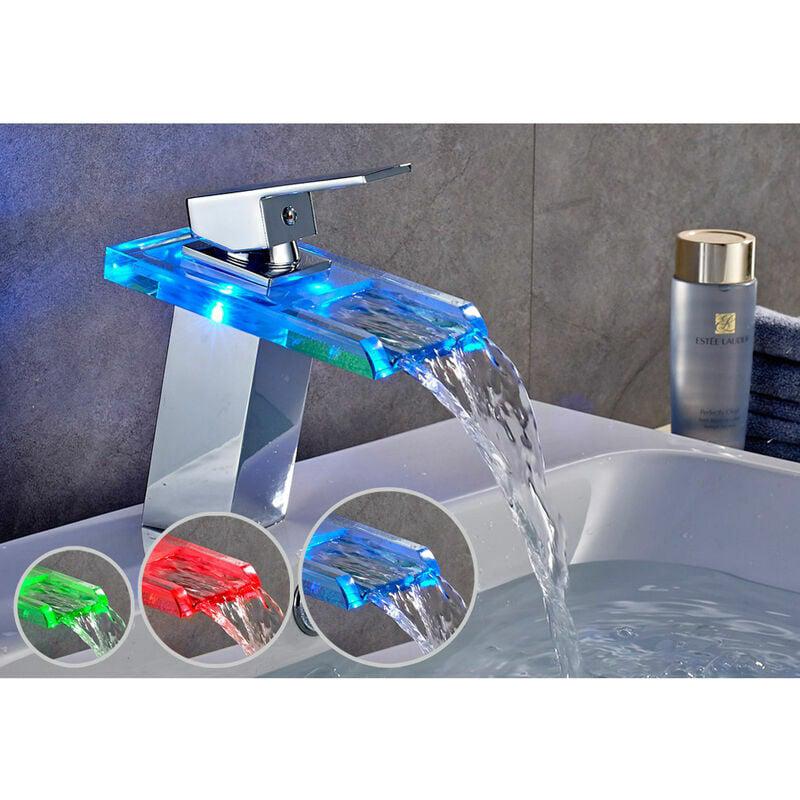 Mitigeu Lavabo Cascade Led 3 Couleus Robinet Pour Lavabo Et Vasque Robinetterie Mitigeu Eau Et Froide En Laiton Chromé Et Verre 17x13.8x9.5 Cm
