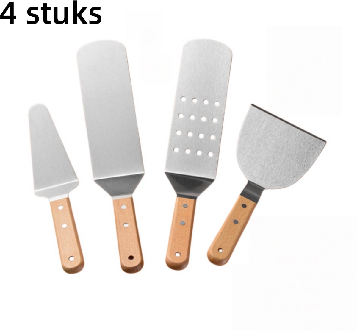 4-delige Set - Roestvrijstalen Spatel - Houten Handvat - Koreaanse Barbecuespatel - Pannenkoekspatel - Pizzaspatel - Steakspatel - Teppanyaki-gereedschap - Barbecue-accessoires - Keukenmes - Hittebest