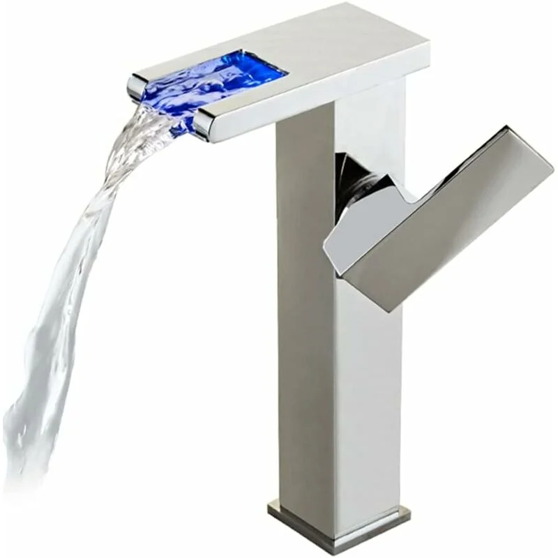 Robinet Lavabo Led Haut Cascade Robinet Salle De Bain,moderne Design Élégant Laiton Mitigeur Lavabo,eau Chaude Et Froide Disponible,3 Changements De Couleur,chromé