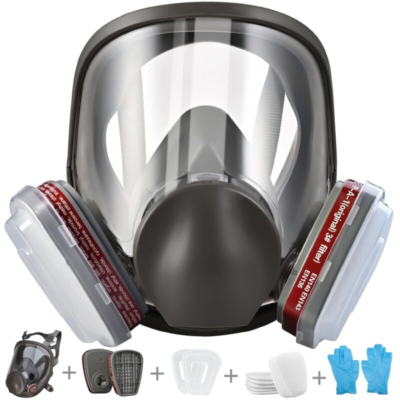 Respirateur Facial Complet Réutilisable – Protection Contre Particules, Poussière, Produits Chimiques – 10 Filtres + 5 Gants Inclus