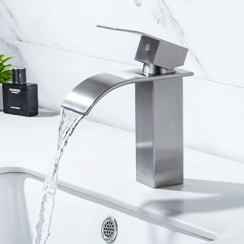 Robinet Cascade Pour Lavabo, Mitigeur Cascade Brossé, Robinet Salle De Bains En Laiton Monotrou Sur Plage, Cartouche Céramique, Robinetterie Salle De Bains Design Elégant
