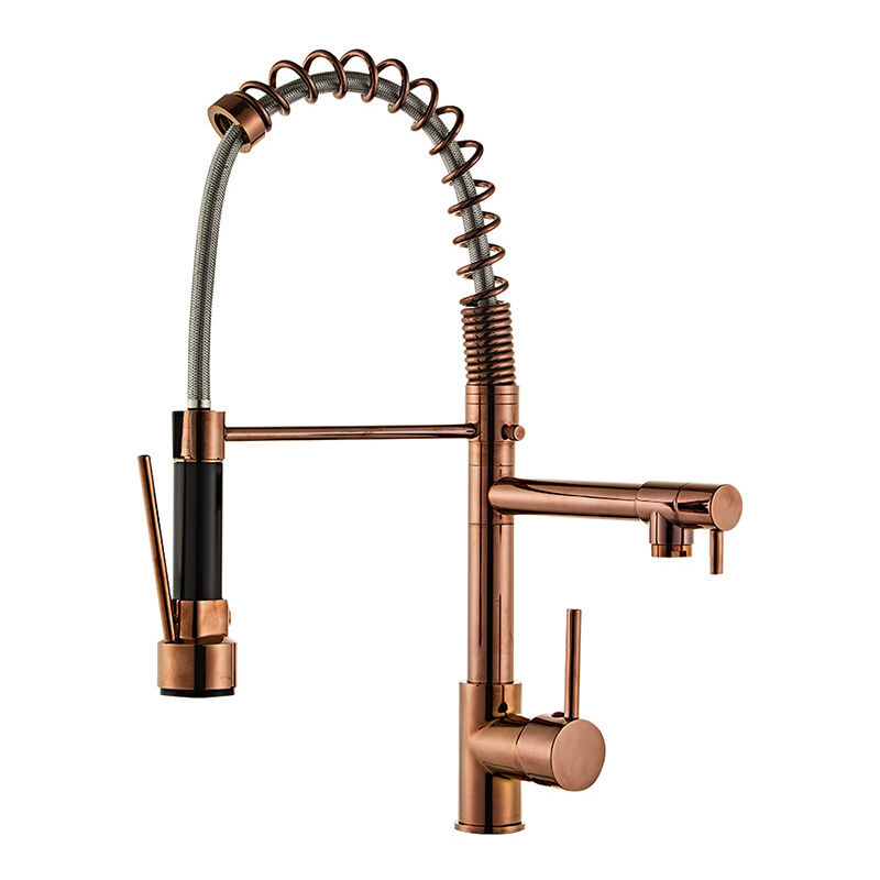 Robinet De Cuisine À Ressort Monobloc À Double Évier Avec Douchette (poignée Noire En Or Rose)