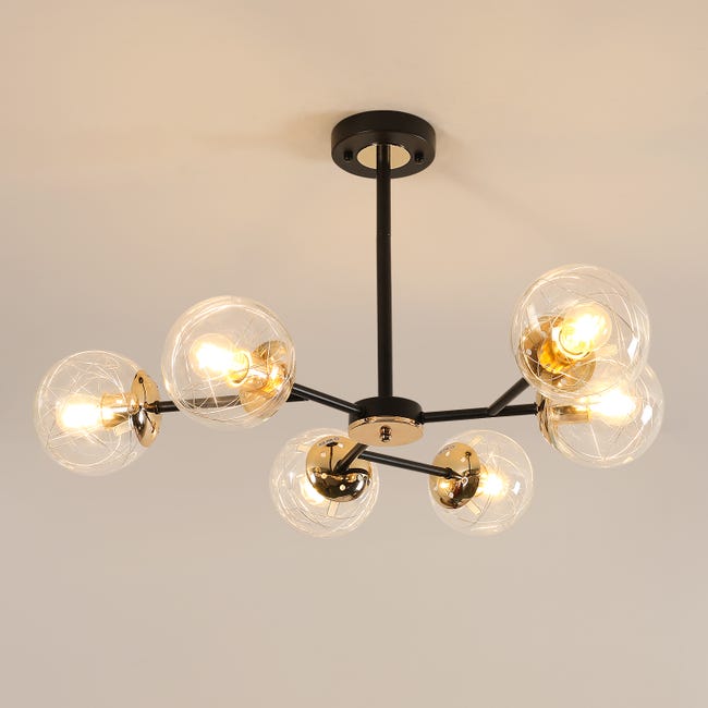 Goeco Lustre Plafonnier Moléculaire 6 Lumières E27 Noir Sable Et Laiton, Globes En Verre Diam. 13 Cm, D72 X H40,5 Cm, Style Nordique