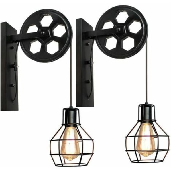 Set Med 2 Vintage Metall Vägglampa Remskiva Retro E27 För Vardagsrummet Sovrum - Svart - Svart