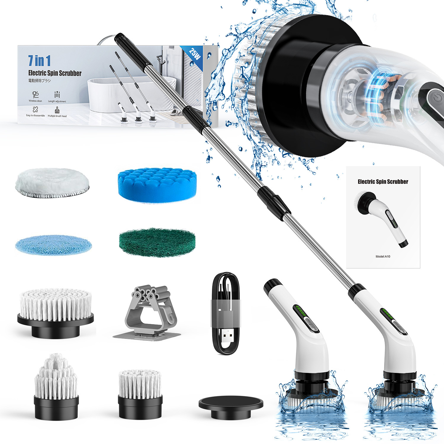 Electric Spin Scrubber, Cleaning Brush Scrubber For Home, 420rpm/mins-7 Replaceable Brush Heads-90mins Work Time,2 Adjustable Speeds For Bathroom Shower Bathtub Glass Car