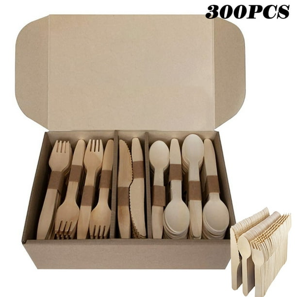 300 Pcs/set Disposable Wooden Cutlery Spoons Knives Forks Home Party Dessert Utensils Dining Tableware Supplies