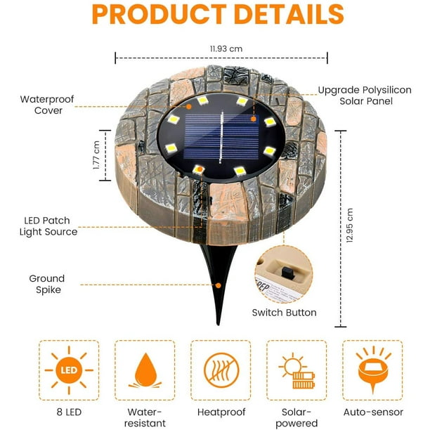 Lampes Solaires De Sol, 8 Led, Lampes Solaires D'Extérieur En Résine, Éclairage De Jardin, Lampes Disques Étanches Ip65 Pour Pelouse, Terrasse, Jardin, Allée, Chemin - Blanc Chaud (lot De 4)