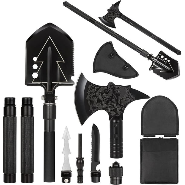 Camping Shovel Axe Set- Folding Portable Multi Tool Survival Kits With Tactical Waist Pack, Camping Axe Military Shovel For Backpacking, Entrenching Tool, Car Emergency (black)