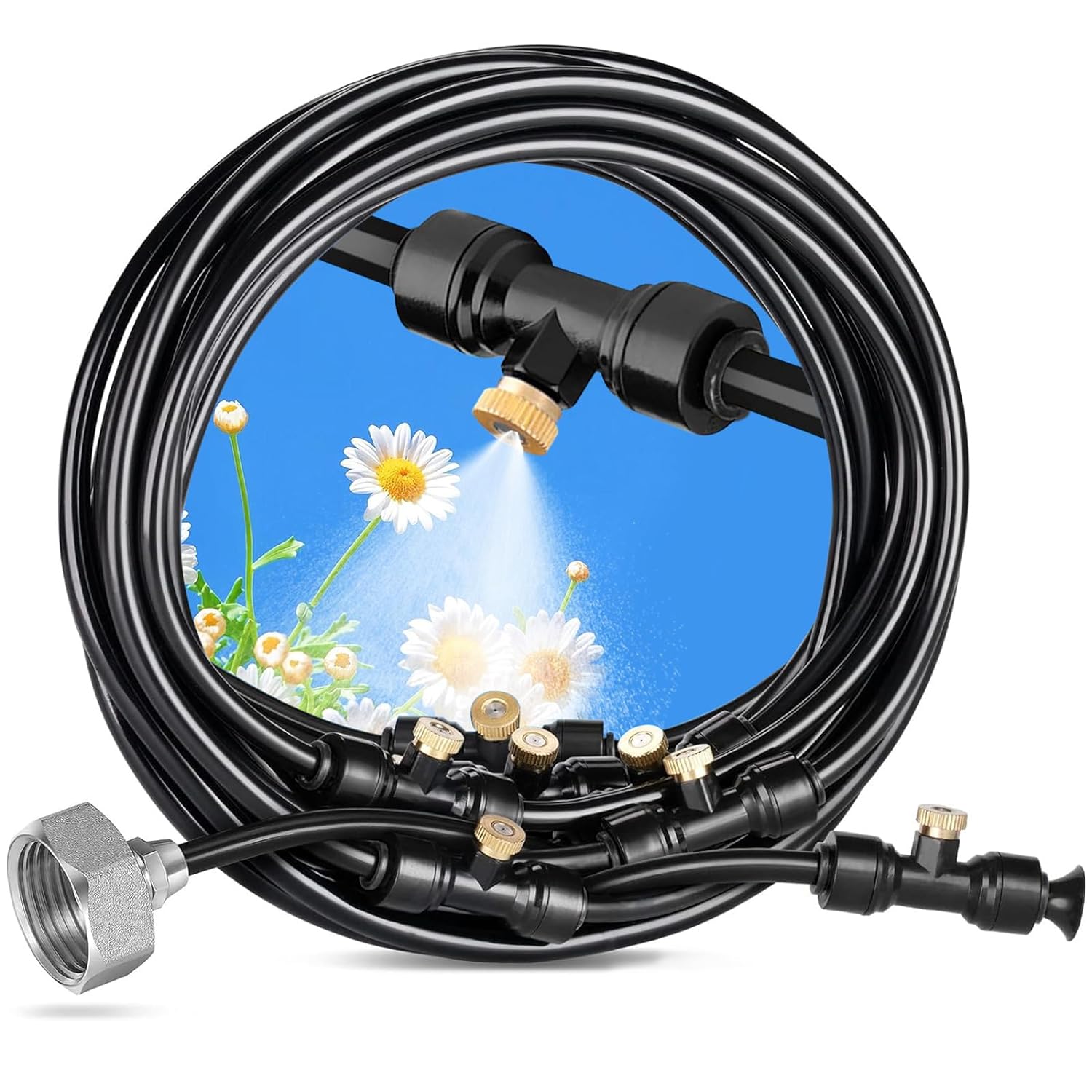 Bewateringssysteem, 18 M Mistleiding + 7 Messing Nevelsproeiers + Een Messing Connector (3/4 Inch) Buitenmistersysteem Voor Tuinirrigatie, Planten Irrigatie, Waternevel Koeling Terras