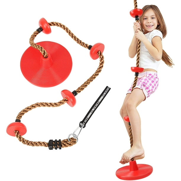 Swing Climbing Rope For Kids, 6.5ft Climbing Rope With Platforms Disc Swing Rope With Tree Strap Swing Rope Sets For Backyard Outdoor Disk Seat For Swingset Play & Swing Sets For Kids, Red