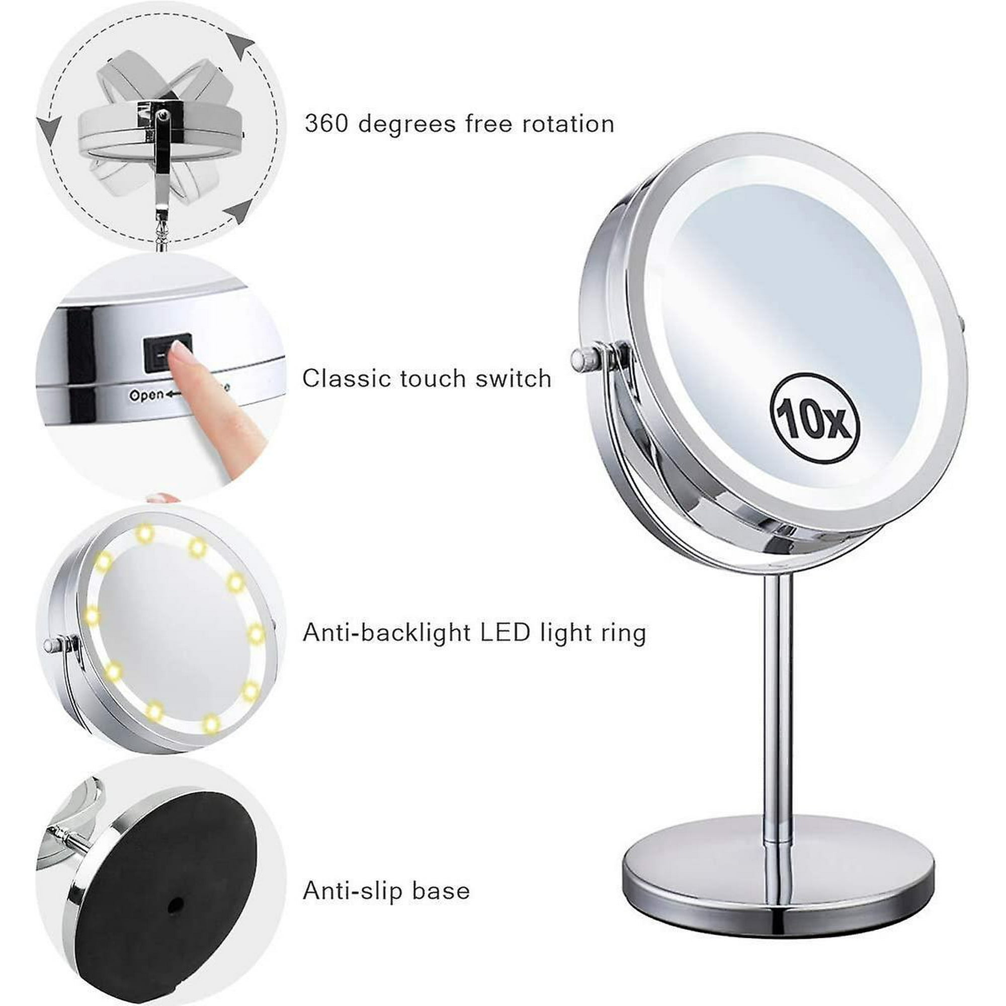 360° Rotating Lighted Makeup Mirror, Double Sided 10x Magnifying Cosmetic Mirror With Stand Shar