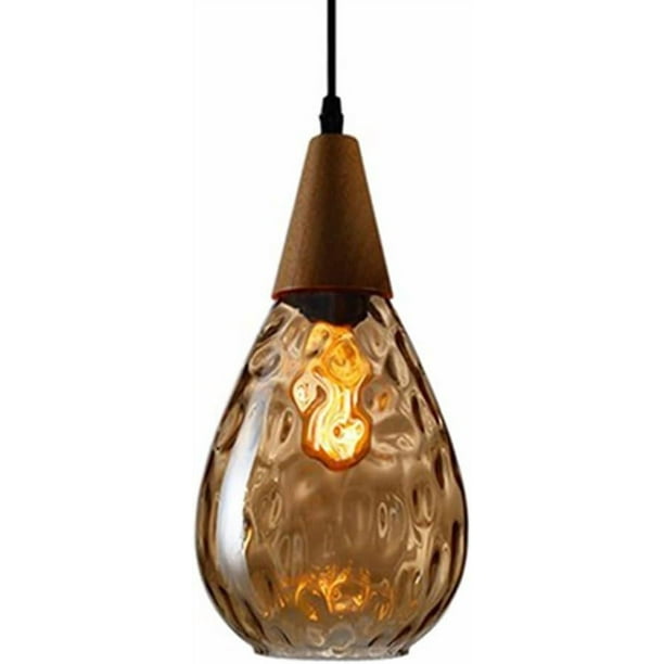 Creative Wooden Pendant Light With Water Pattern Glass Shade, Mini Drop Shape Bedside Chandeliers, E27 Light Fixture, Simple Industrial Pendant Lamps