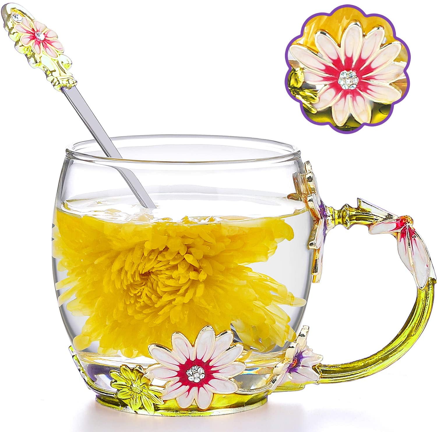 Jhijhoo Glass Tea Mug With Spoon Hand Made Enamel Rose Flower And Colorful Diamond Butterfly Clear Glass Coffee Cup Birthday Grandma Girl Graduate