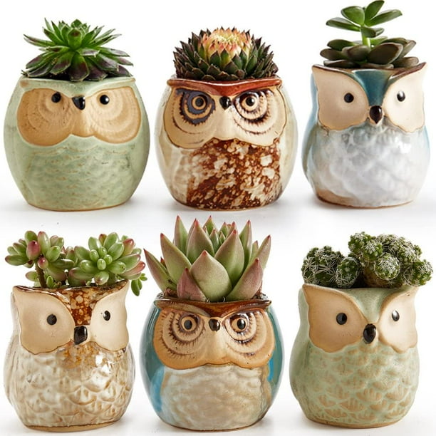 Owl Pot Ceramic Flowing Glaze Base Series Set Succulent Plant Pot Cactus Flower Pot Container Planter Pot With Drainage Hole 6 Pcs 2.5 Inch