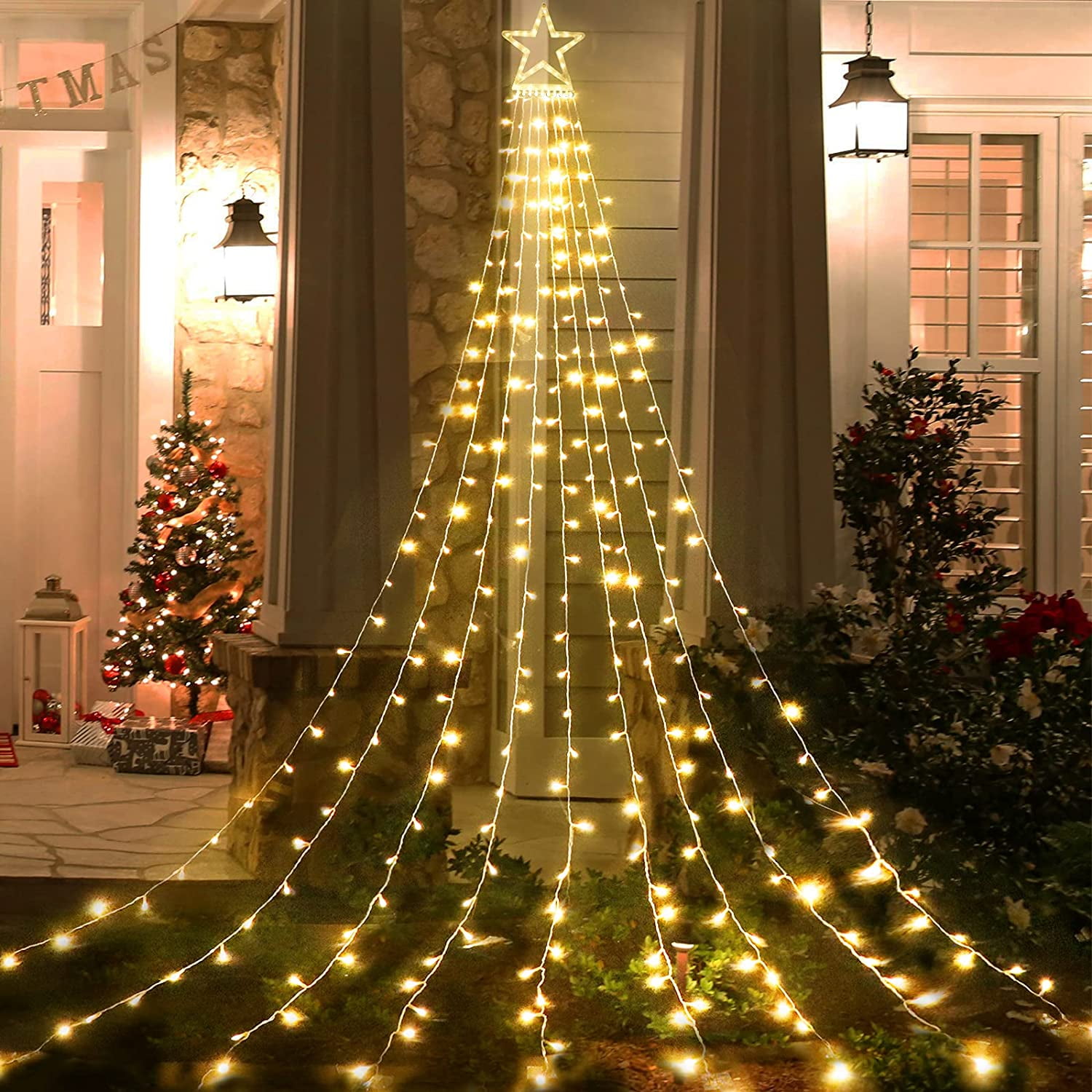 Décorations De Noël, Guirlande Lumineuse D'Extérieur En Forme D'Étoile Avec 317 Led, 8 Modes D'Éclairage, Avec Étoile De 30 Cm (12 Pouces) Pour Sapin, Effet Cascade, Blanc Chaud.