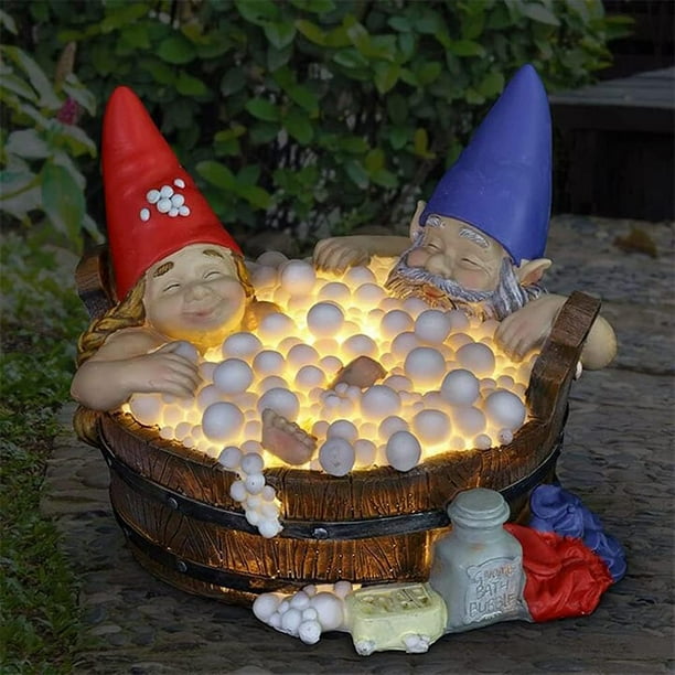 Garden Gnome Statues With Solar Light Fun Couple In Bathtub Resin Garden Gnomes Outdoor Decor