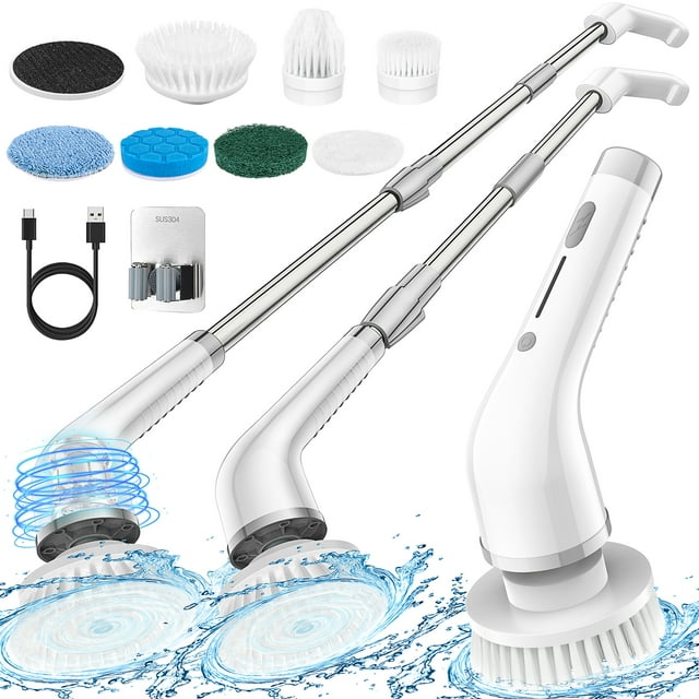 Brosse De Nettoyage Électrique Rotative Sans Fil À 2 Vitesses Réglables, Avec 7 Têtes De Brosse Interchangeables Et Manche Extensible De 130 Cm (51,2 Pouces) Pour Salle De Bain, Baignoire, Carrelage,