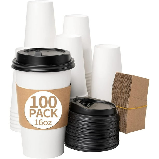 100 Sets 16oz Paper Coffee Cups With Lids White Disposable Coffee Cups With Black Dome Lids And Kraft Sleeves New Improved