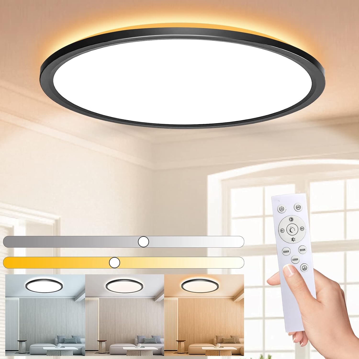 Lámpara De Techo Led De 24 W Regulable, Lámpara De Techo Con Mando A Distancia, Lámpara De Techo Redonda, Lámpara De Techo, Baño, Dormitorio, Salón, Cocina, Pasillo, Negro