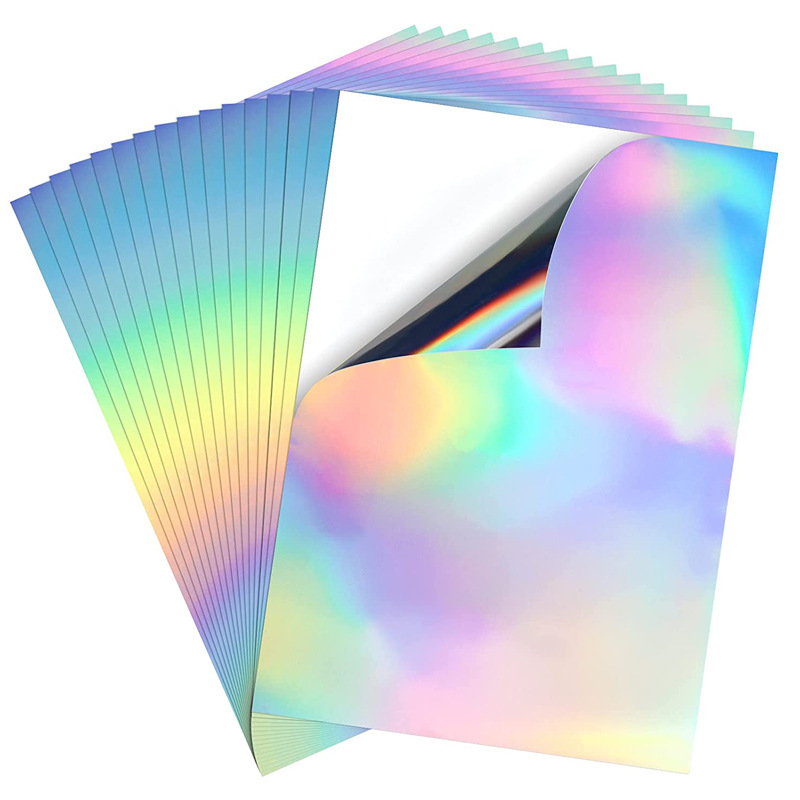 24pcs Holographiques Autocollants Imprimable, A4 Vinyle Adhesif Holographique Papier Autocollant Holographique Compatible Avec Imprimante Jet D'Encre/laser Pour Bricolage (21x29,7cm)