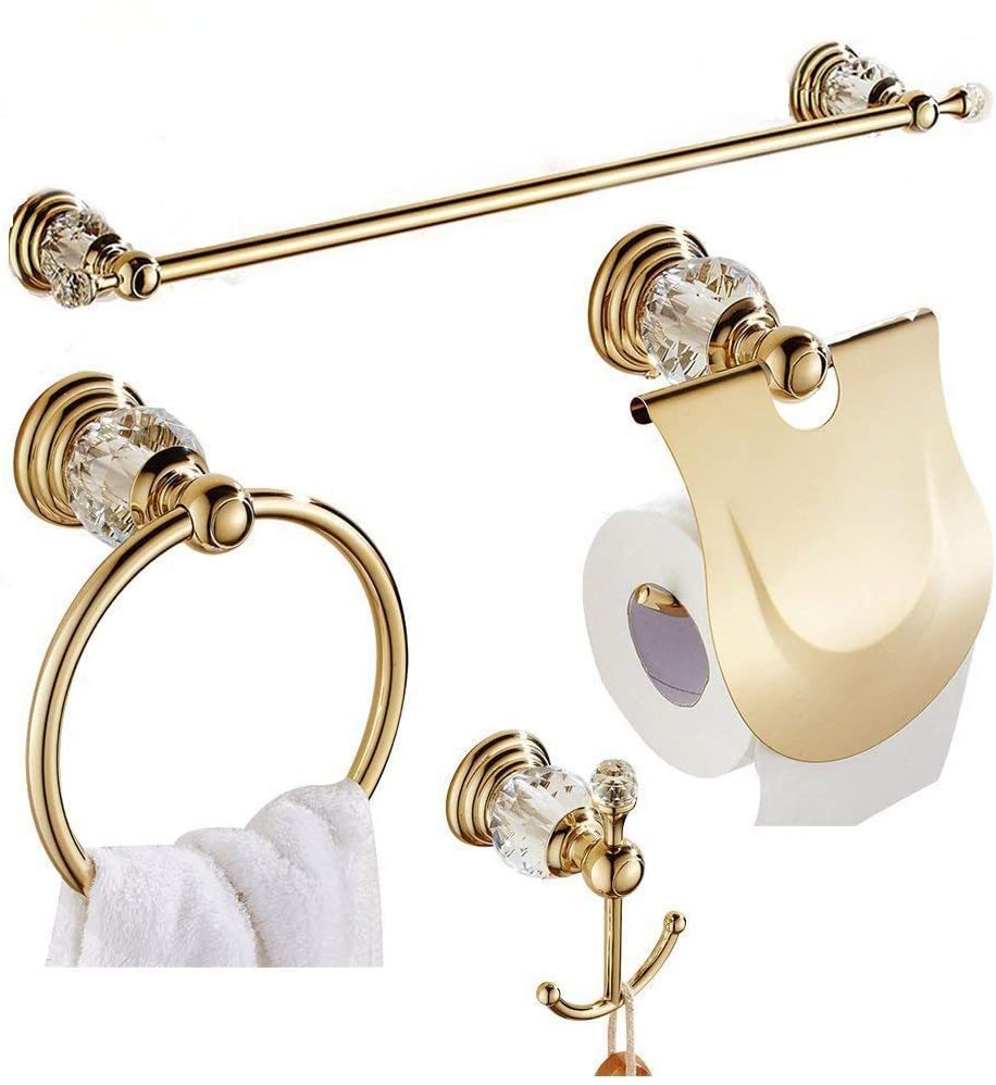 Rhafayre 4 Piece Gold Bathroom Accessory Sets All Zinc Alloy And Crystal Towel Rack Ring Towel Hook Toilet Paper Holder Wall Mounted Style Luxury Finish